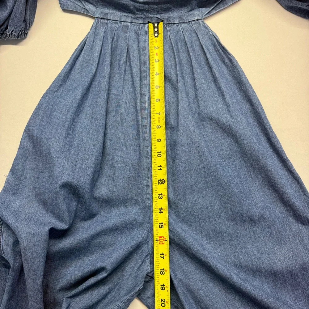 Free People Chambray Palazzo Jumpsuit Open Back Puff Sleeve Boho Cottagecore